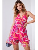 Light patterned dress with a belt, pink and blue 03040 - Online store - Boutique